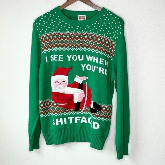 Spencer’s Gifts Ugly Christmas Holiday Sweater “I See You When You’re Sh*tfaced” - Picture 1 of 10